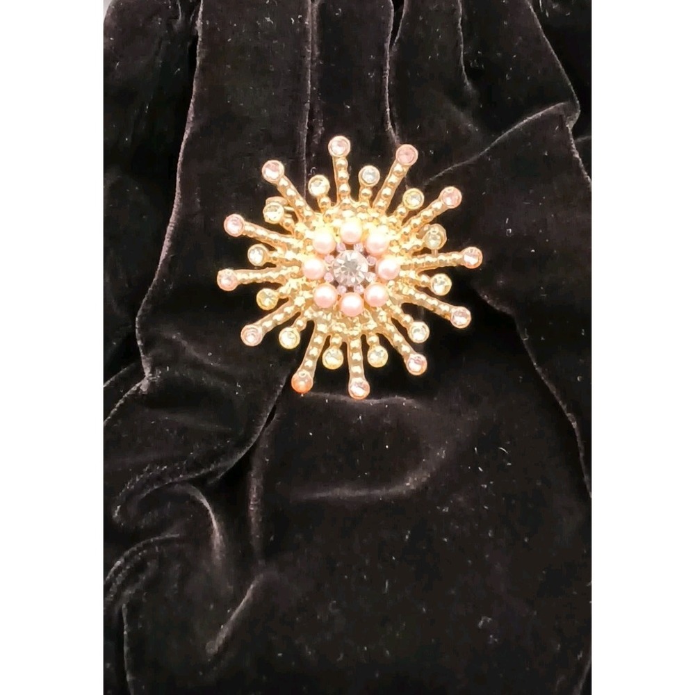Vtg Mid Century Gold Atomic Starburst Brooch Pink Faux Pearl Rhinestone Sun Pin
